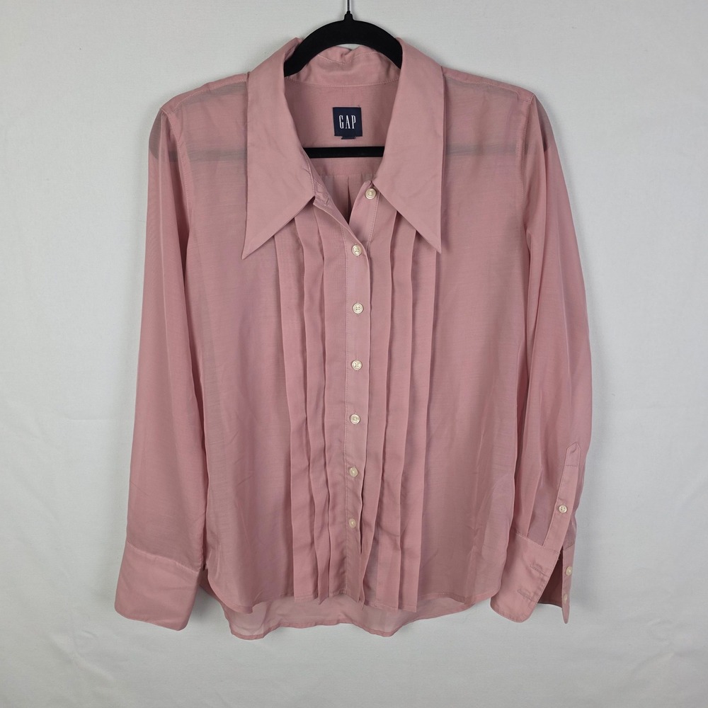 GAP Womens Dusty Rose Sheer Pleated Front Button Down Blouse XS Long Sleeve Top